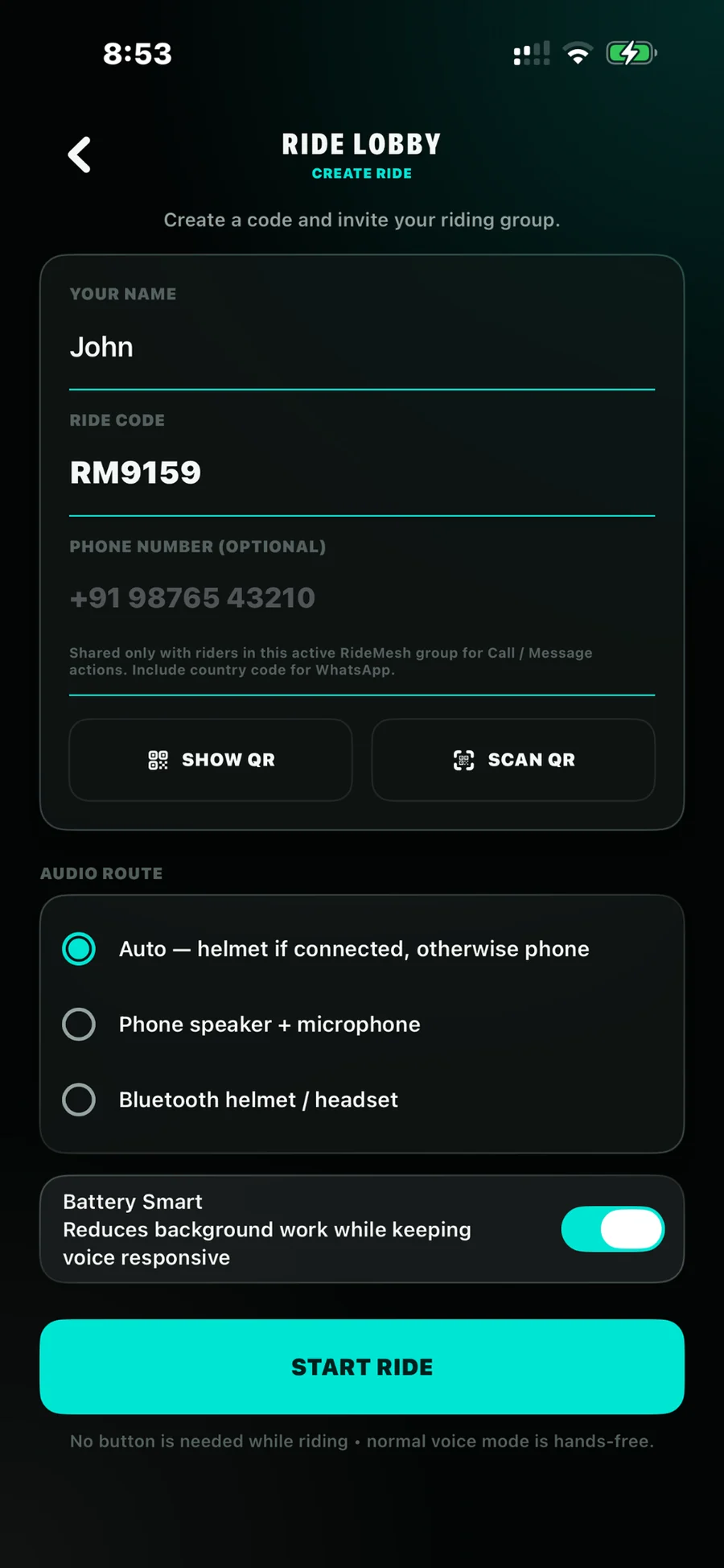 RideMesh Create ride + QR