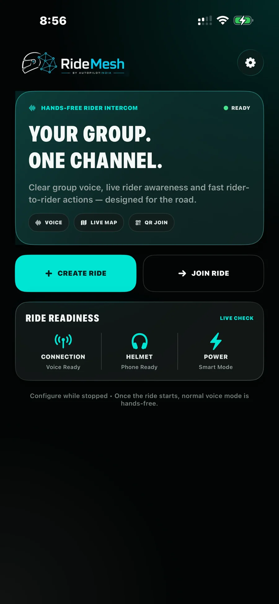 RideMesh create or join ride home screen