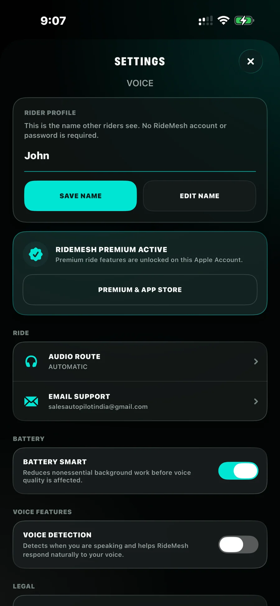 RideMesh Premium & app settings