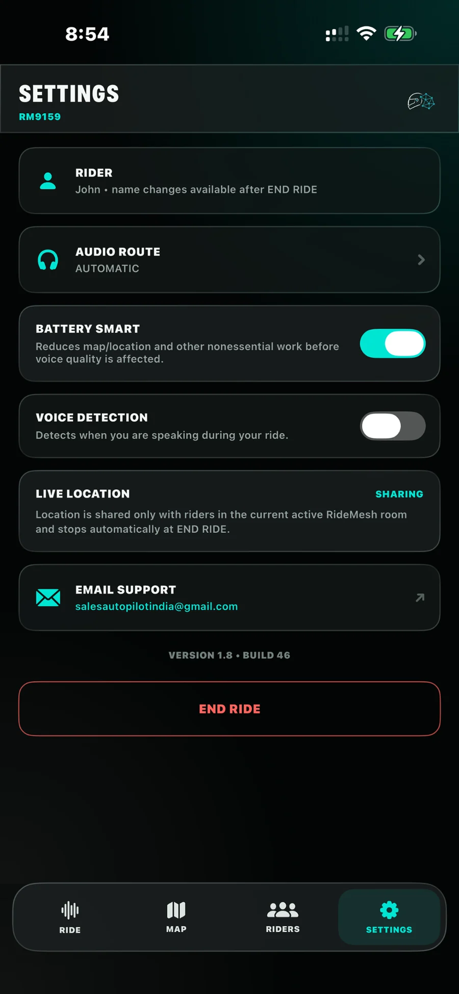 RideMesh Ride settings